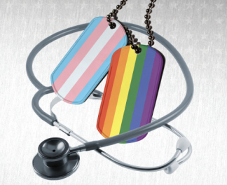 Rainbow flag and trans flag patterned identification tags encircled by a stethoscope